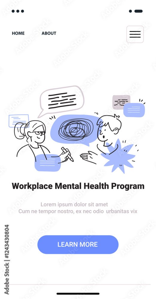 Poster workplace mental health program discussion doodle style. two people converse with speech bubbles and