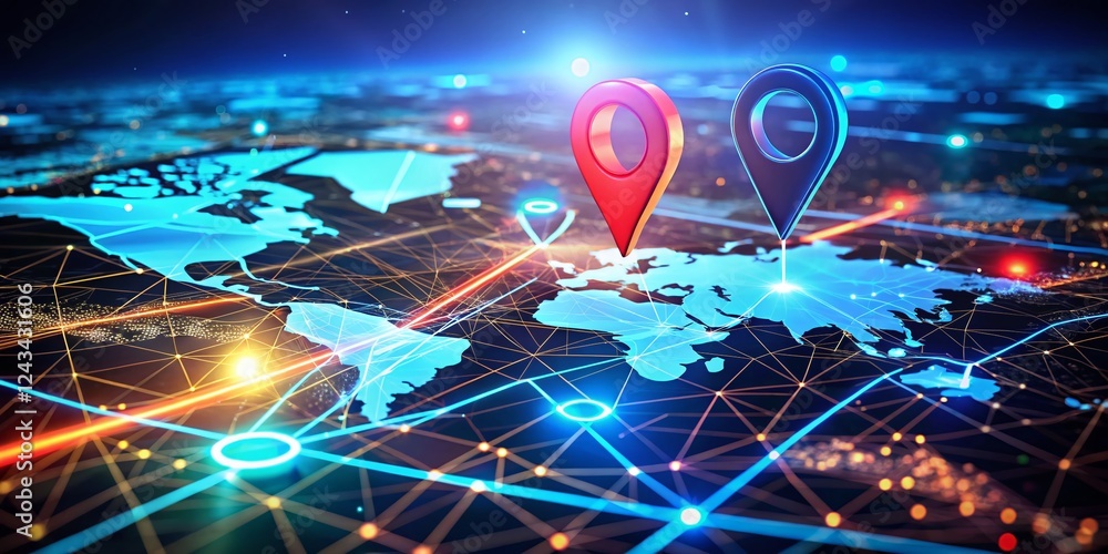 Poster futuristic gps navigation: ai-powered delivery route optimization on digital map