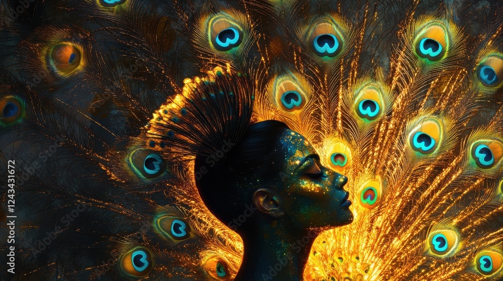 Aufkleber surreal representation of a glowing woman adorned with peacock feathers in a mystical setting