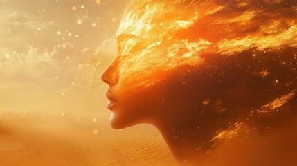 Surreal depiction of a woman glowing with golden light against a dreamy landscape at dusk