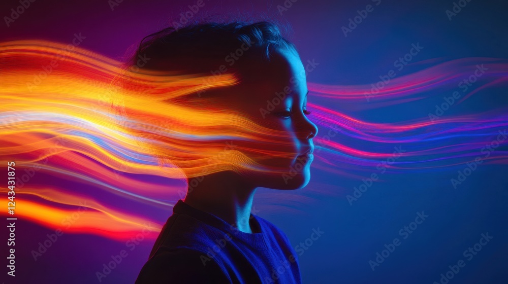 Poster Surreal portrait of a glowing child with colorful light trails in a dark setting