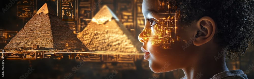 Aufkleber surreal portrait of a glowing child with pyramids and ancient symbols in the background at twilight