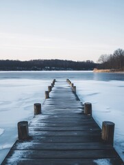 Obraz premium Wooden dock extends across frozen lake toward winter trees