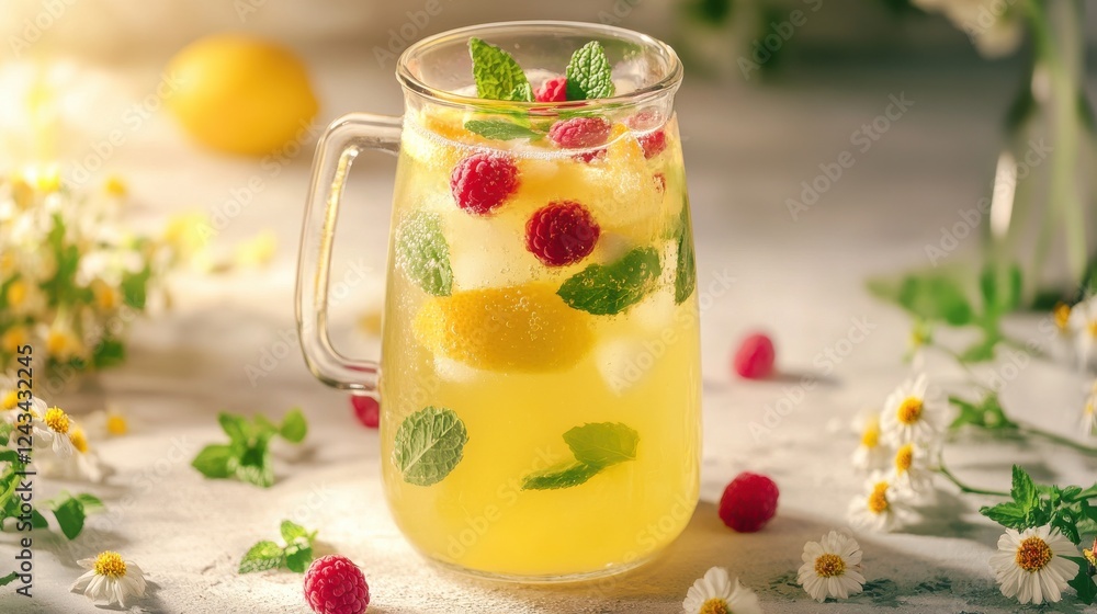 Poster refreshing spring lemonade with mint and berries served in a glass pitcher on a sunny afternoon