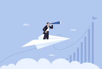 Businessman flying in the sky on a paper plane and looking through binoculars. Leadership, business growth and development concept, flat vector cartoon illustration.