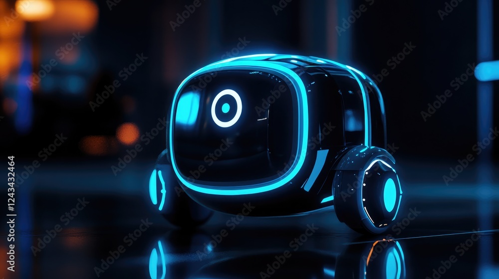 Aufkleber a sleek, glowing ai robot design displayed on a reflective surface in a dark room
