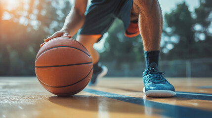 Naklejka premium A basketball player's skilled hands dribbling the ball, demonstrating finesse in an Olympic sport context.