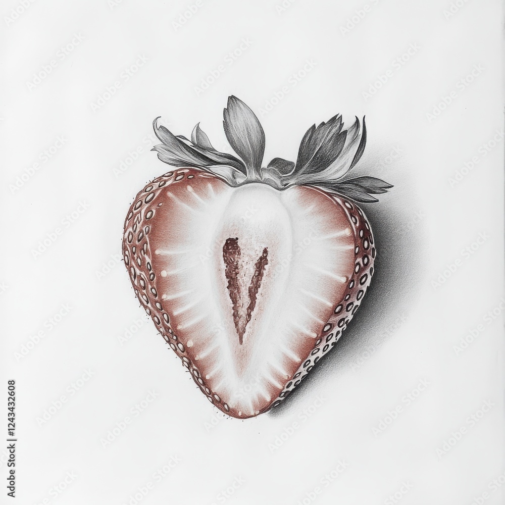 Poster Sliced strawberry showcasing seeds and inner texture drawn with fine detail on a plain background