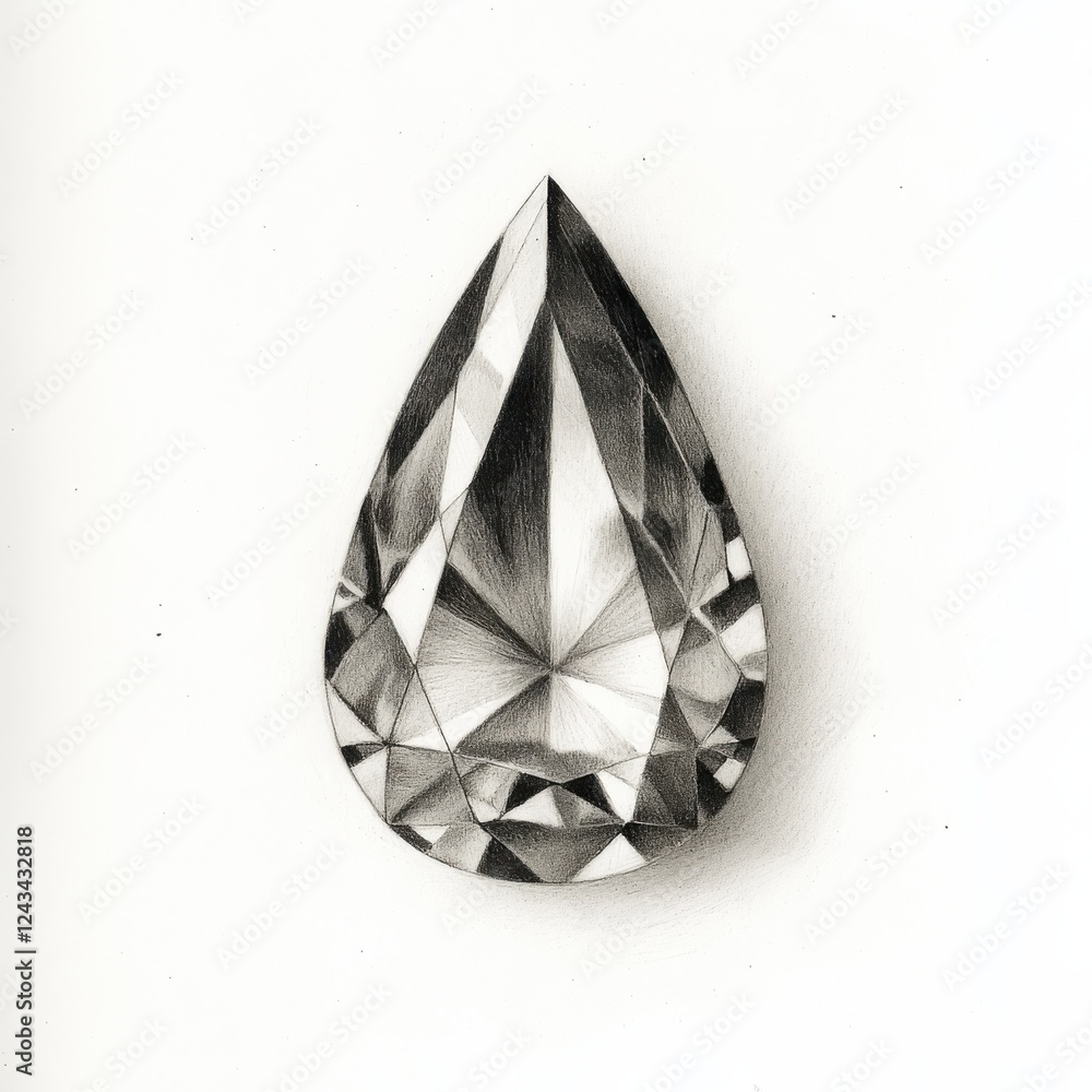 Poster teardrop-shaped gemstone with intricate detailing and shading on a white background