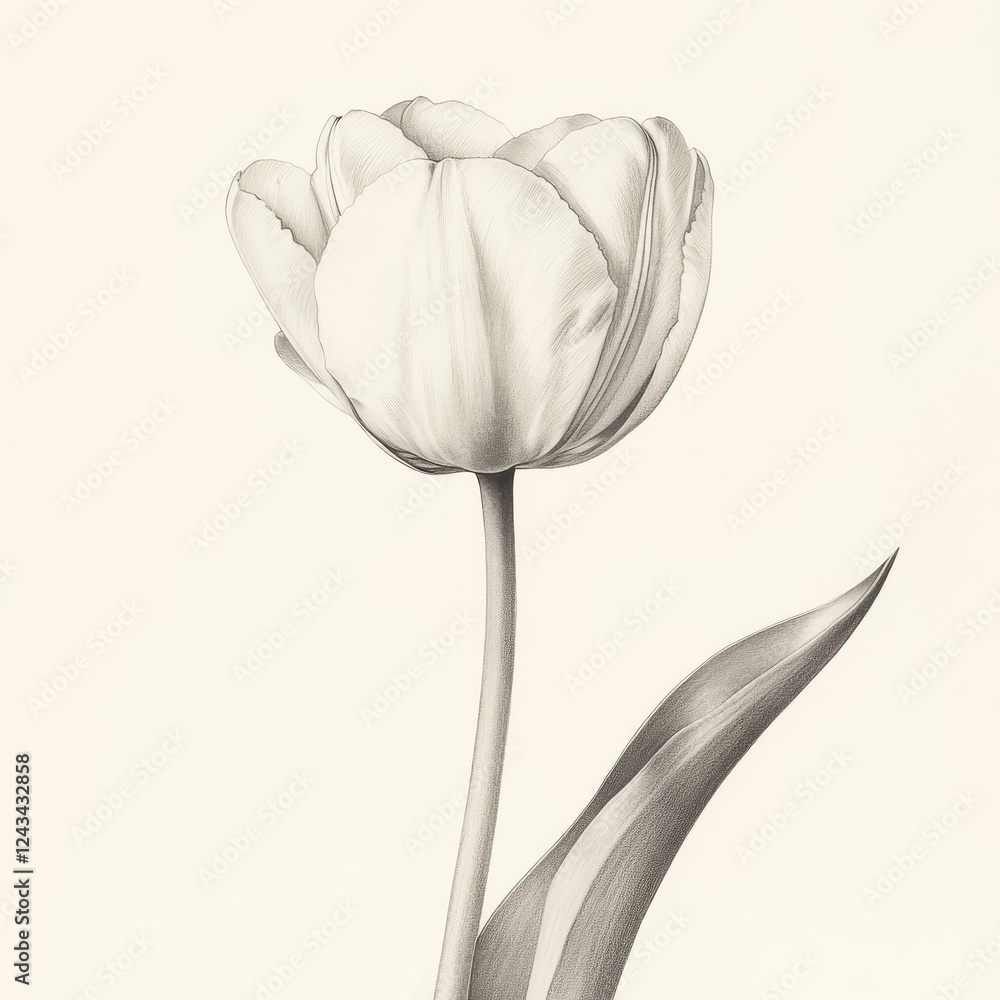 Poster single tulip in full bloom displayed beautifully with delicate petals and a graceful stem on a light