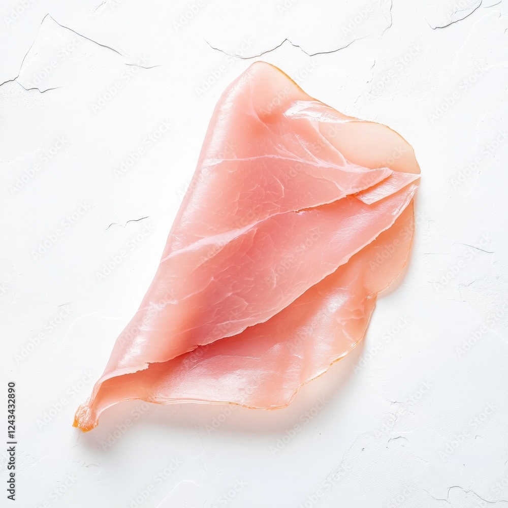 Poster Delicate slice of ham showcasing a soft pink hue on a neutral background with subtle texture