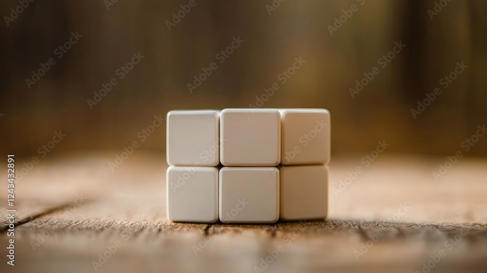 Poster minimalist representation of teamwork with cubes stacking together to form a complete shape.