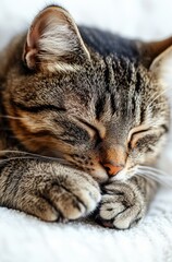Cute tabby cat sleeping peacefully on a soft white blanket with its paws tucked under its chin, enjoying a cozy and serene moment of rest