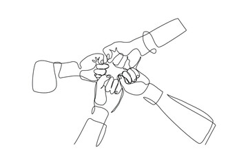 Continuous single line of hands rise and fits bump together to show teamwork support business concept and love care people. Sketch drawing editable stroke vector illustration