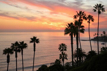 Obraz premium Sunset over the ocean with silhouetted palm trees, golden hour, silhouette, sandy shore, beach grass, seagulls