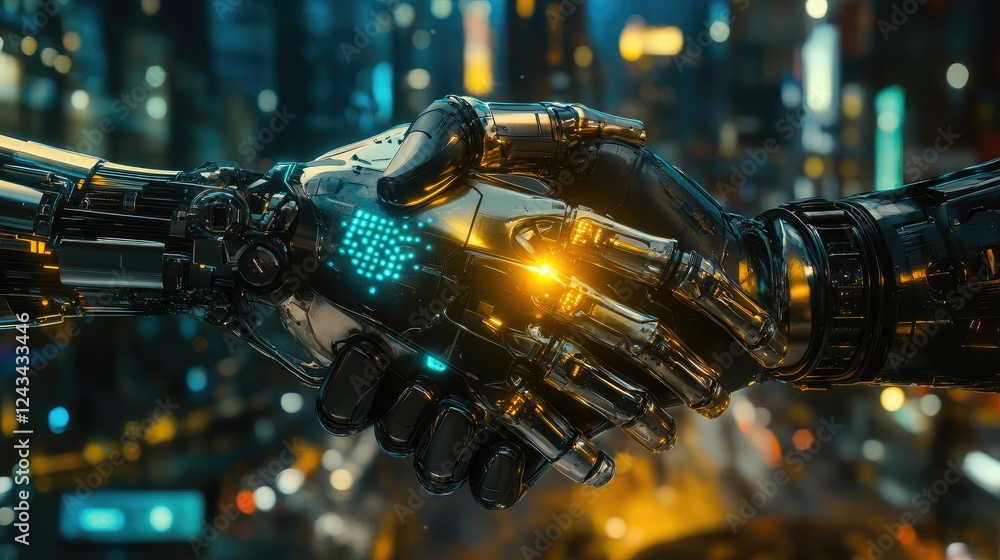 Poster futuristic robotic hands connecting in a handshake, surrounded by glowing digital elements and a cit
