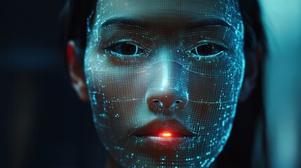 Cutting-edge artificial intelligence scans woman with biometric technology in futuristic environment showcasing digital facial recognition