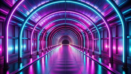 Futuristic Purple Pink Neon Tunnel, Infinite Depth, Modern Architecture, Sci-Fi Corridor, Abstract Background