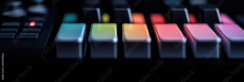Poster close-up of music controller with color-coded keys