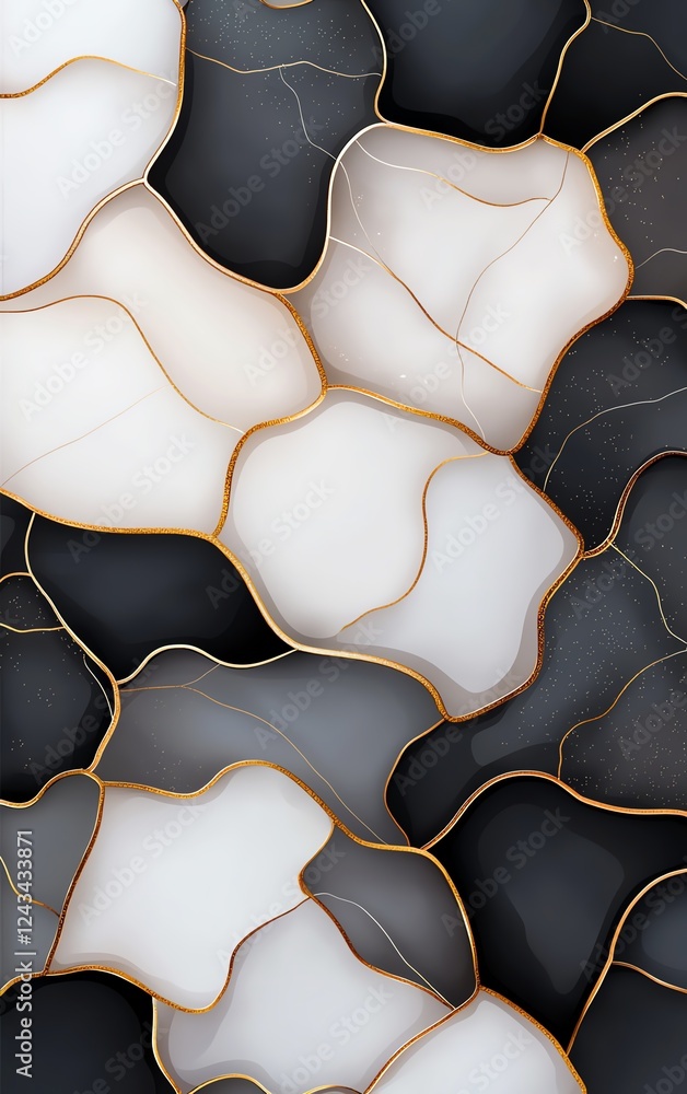 Poster abstract design featuring fluid shapes in a blend of white and gray tones, bordered with golden outl