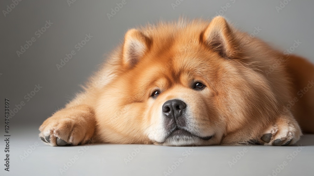 Poster relaxed chow chow dog lying on smooth surface with calm expression