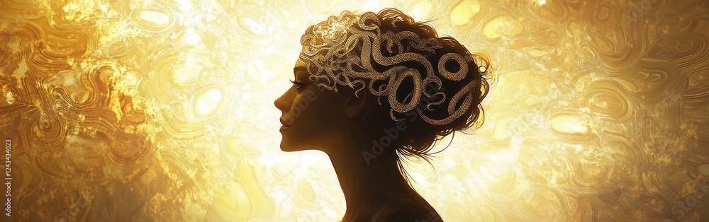 Poster serene portrait of a woman with a glowing aura displaying intricate hair adorned with golden pattern