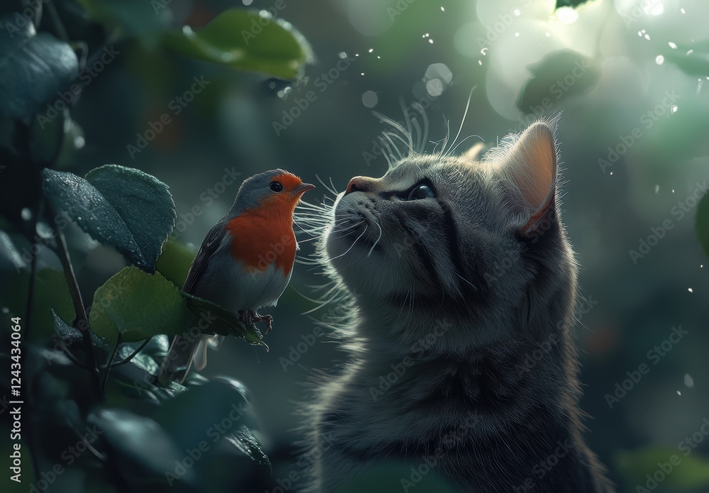Poster enchanted encounter between majestic cat and colorful bird amid lush green leaves in magical forest 