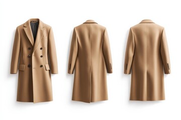 Elegant beige long coat mockup showing front, side, and back views with tailored fit and smooth wool fabric on a white background