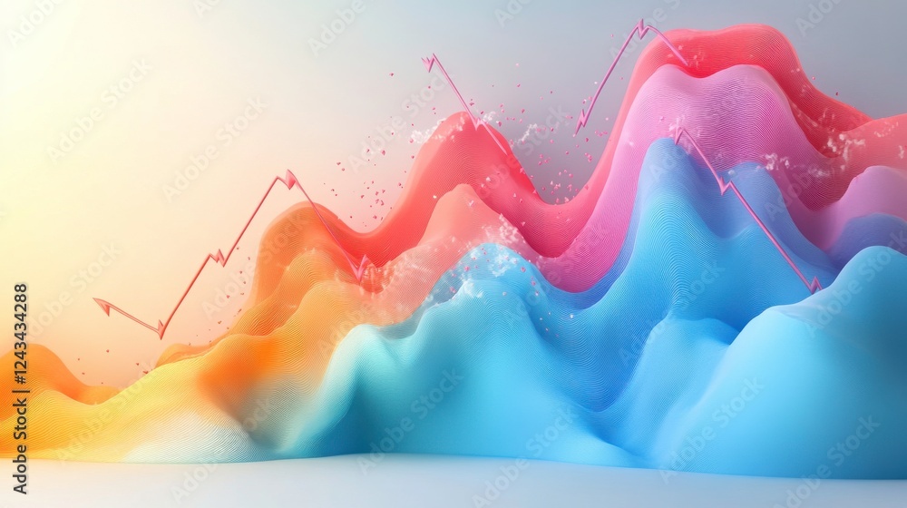 Poster a vibrant abstract representation of fluctuating data trends with colorful waves and a growth chart 