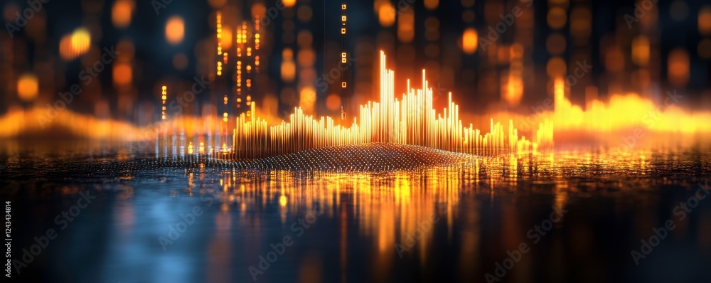 Poster visual representation of sound waves with vibrant orange and gold colors, reflecting a dynamic audio