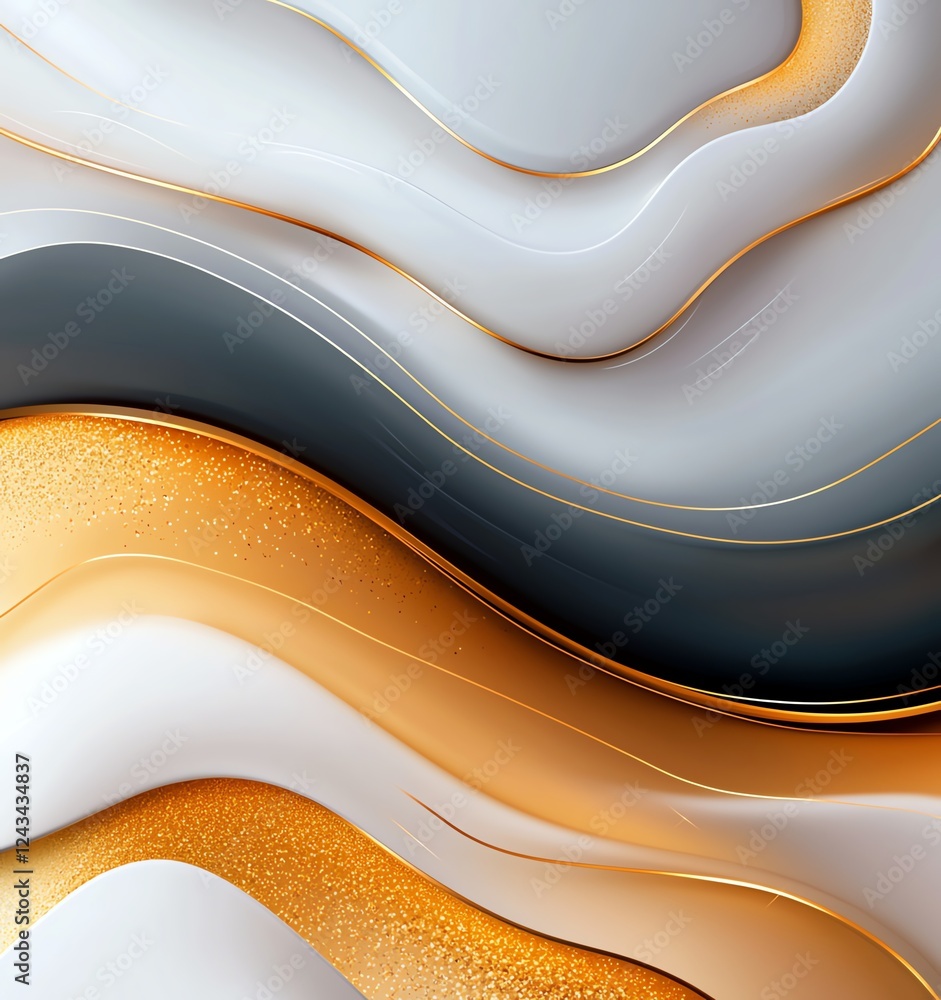 Poster an abstract background featuring smooth waves of white, gold, and gray colors, creating a calming an