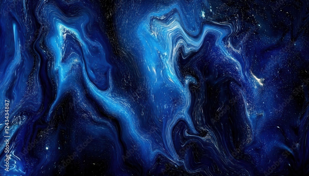 Poster deep cosmic fluid in dark blue hues with swirling patterns, abstract liquid motion, perfect for back