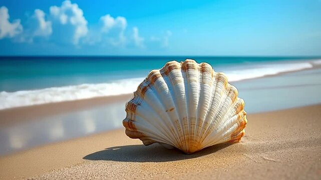 A seashell washed ashore glows under the sunlight with a scenic ocean backdrop. Concept of summer holidays, nature&rsquo;s beauty, and marine life.