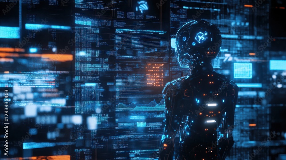 Poster innovative robot interacting with futuristic data display in advanced digital environment