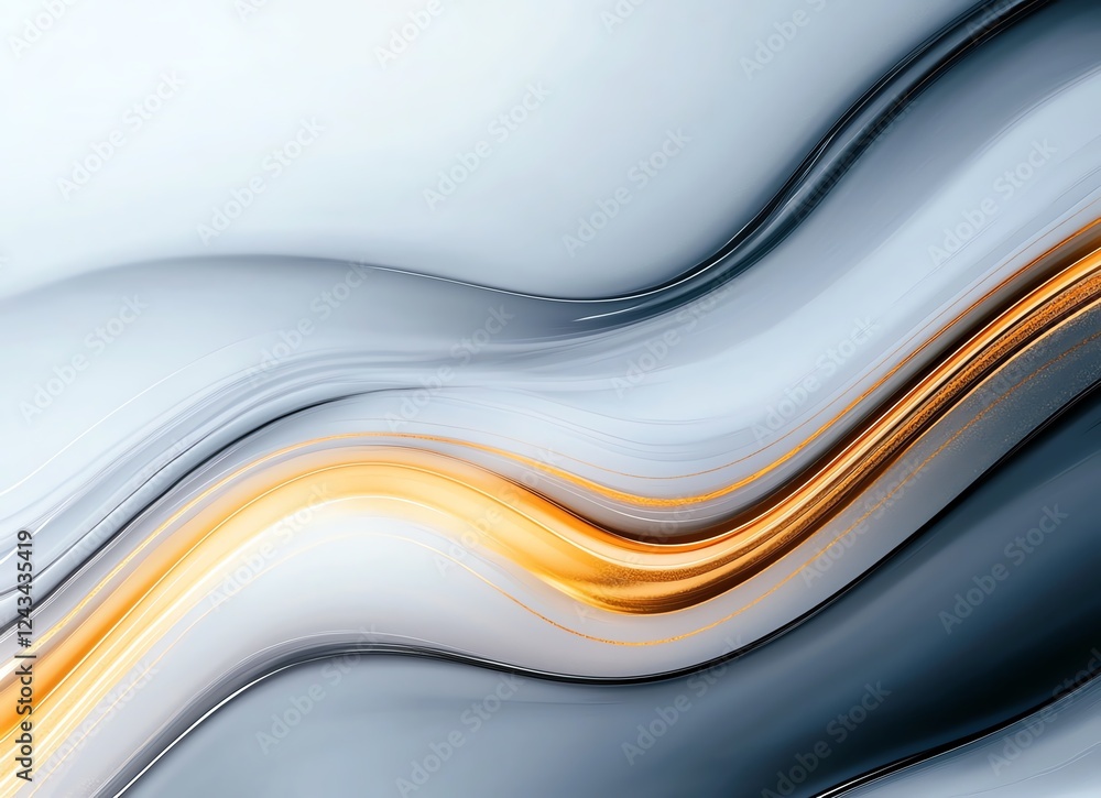 Poster an abstract composition featuring smooth, flowing lines in shades of gray and gold. this design is p