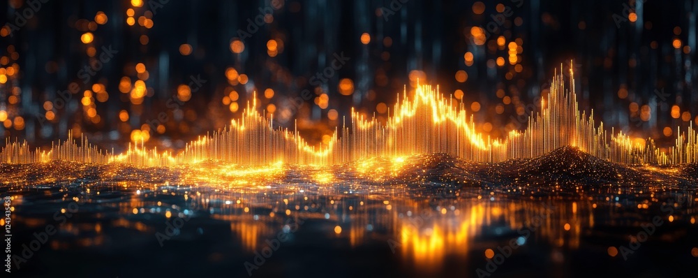 Poster a vibrant visualization of sound waves, illuminated with glowing golden hues against a dark backdrop