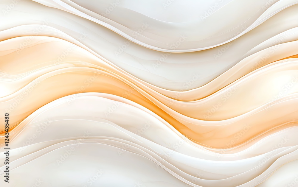 Poster an abstract composition featuring smooth, flowing waves in soft cream and orange hues. ideal for bac