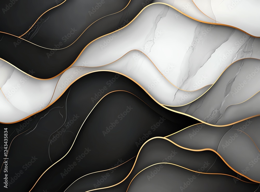 Poster an abstract design featuring flowing waves in black, white, and gold tones, creating a modern and el