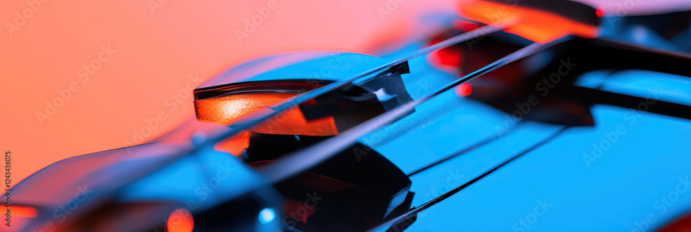 Poster violin bridge and strings detail under dual lighting
