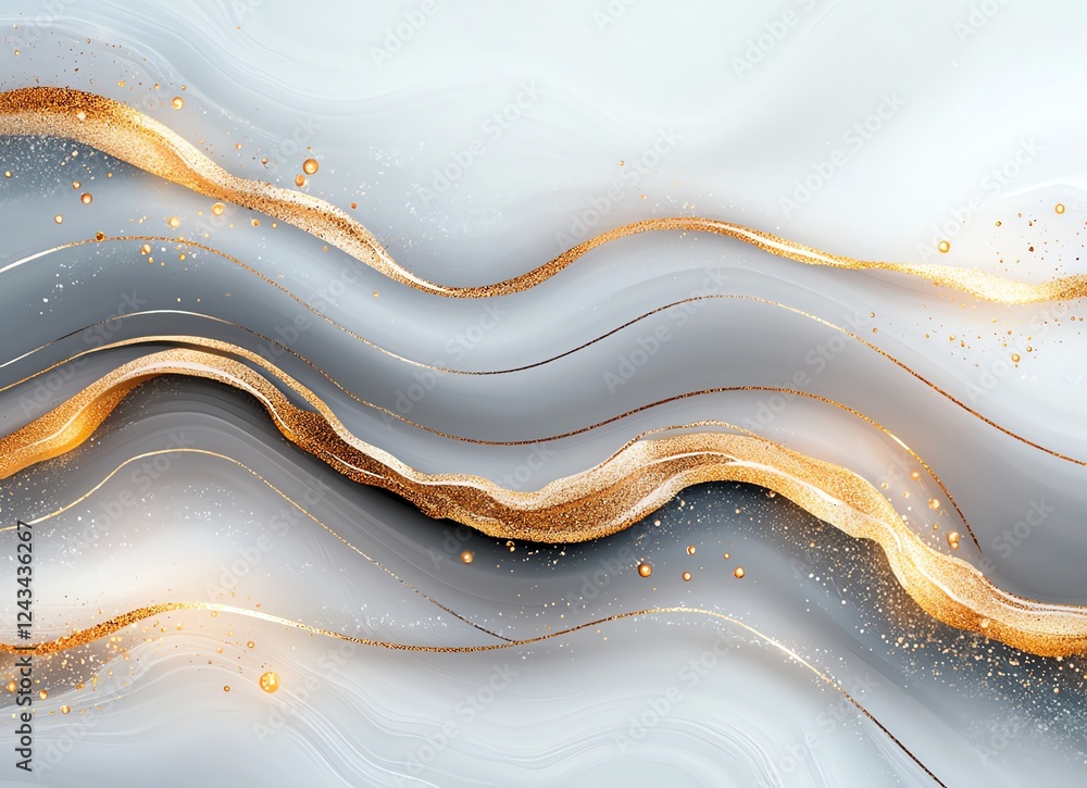 Poster an abstract design featuring smooth waves in shades of gray and gold, creating a modern and elegant 
