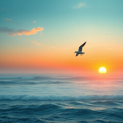 Obraz premium The setting sun casts a warm orange glow over the ocean as a seagull soars overhead creating a sense of freedom and wildness, warm tones, ocean view, golden light, ocean scenery