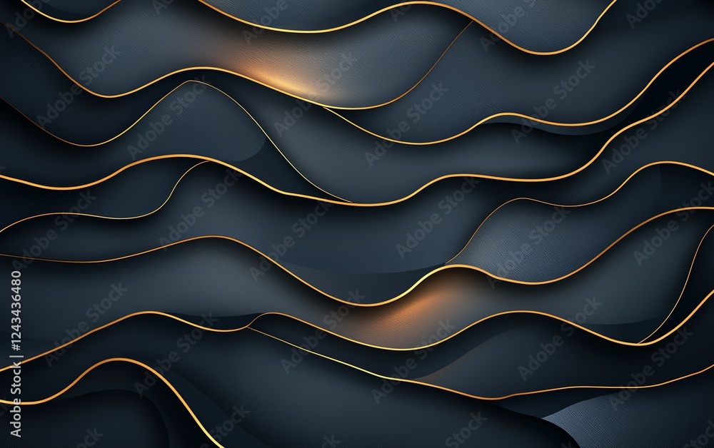 Poster an abstract design featuring smooth, flowing waves in dark tones with subtle golden highlights. idea