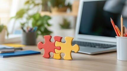 Two puzzle pieces fitting together on a sleek office desk, symbolizing a successful business partnership.