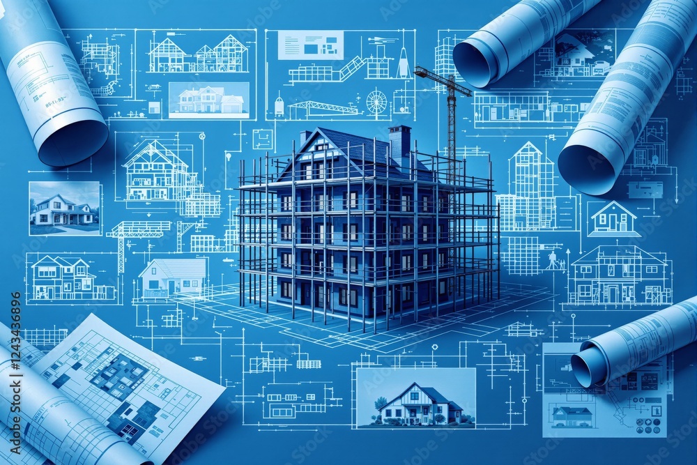 Poster detailed architectural blueprint background featuring a creative 3d house under construction, surrou