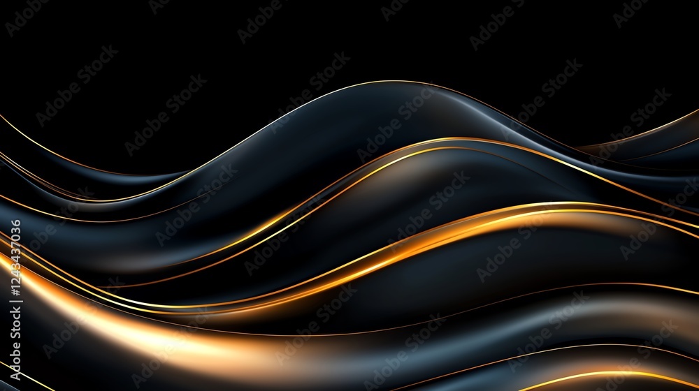 Poster an abstract image showcasing flowing waves of black and gold tones, creating a sense of elegance and