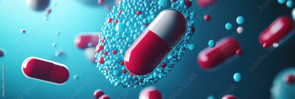 Poster visual representation of capsules surrounded by microscopic particles in a scientific setting