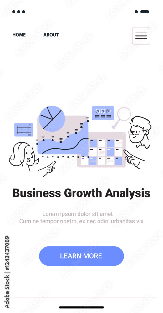 Poster business growth analysis concept with charts people discussing data graphs minimalist sketch style l