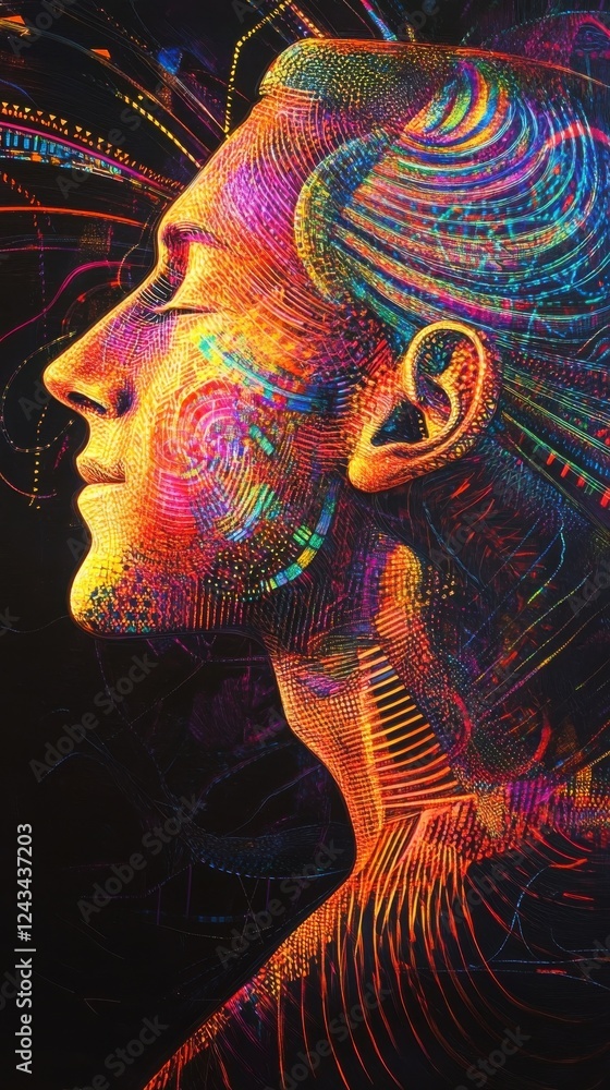 Poster Mystical profile of a man filled with vibrant colors and intricate patterns, showcasing depth and emotion in an abstract setting