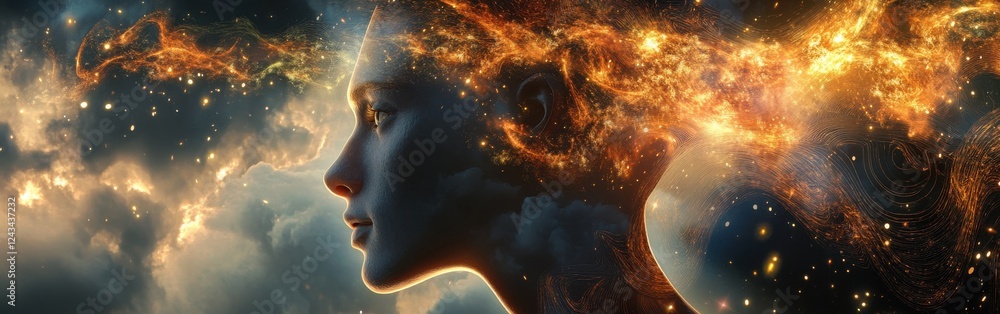 Poster mystical profile of a man with cosmic elements illustrating the connection between mind and universe