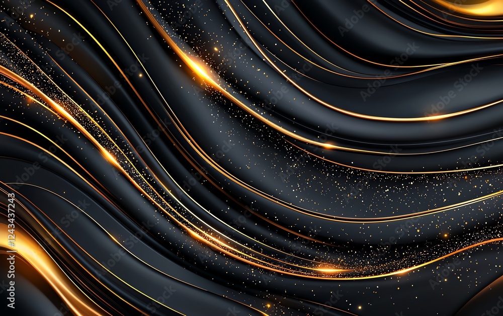 Poster an abstract wave pattern blending gold and black hues, featuring a shimmering effect and smooth curv